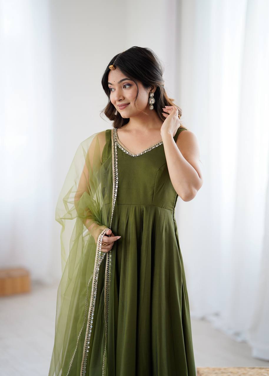 Jasmin Mahendi Color Roman Silk Anarkali Suit With Dupatta