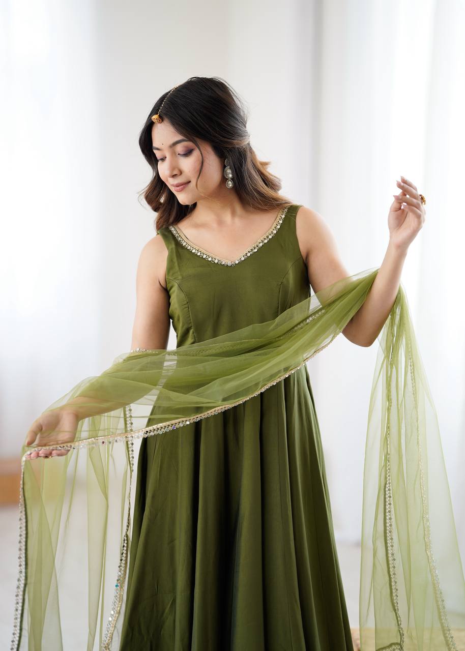 Jasmin Mahendi Color Roman Silk Anarkali Suit With Dupatta