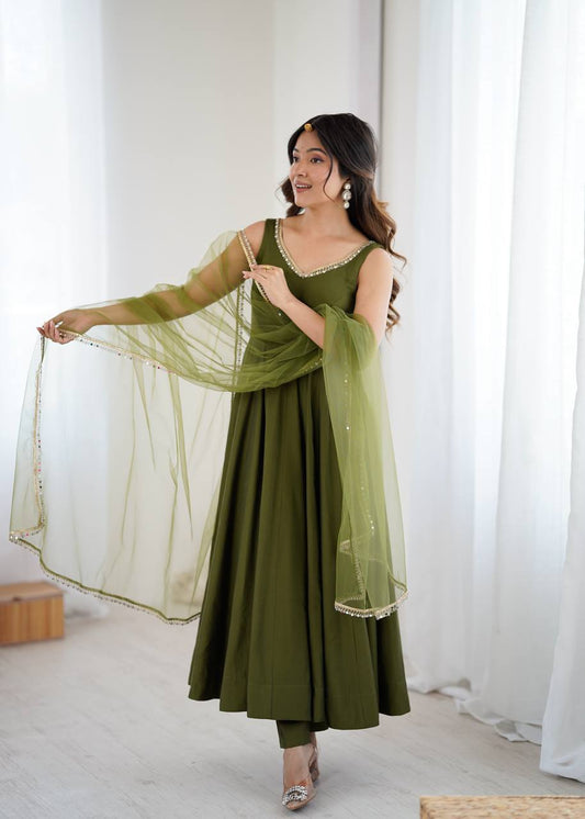 Jasmin Mahendi Color Roman Silk Anarkali Suit With Dupatta
