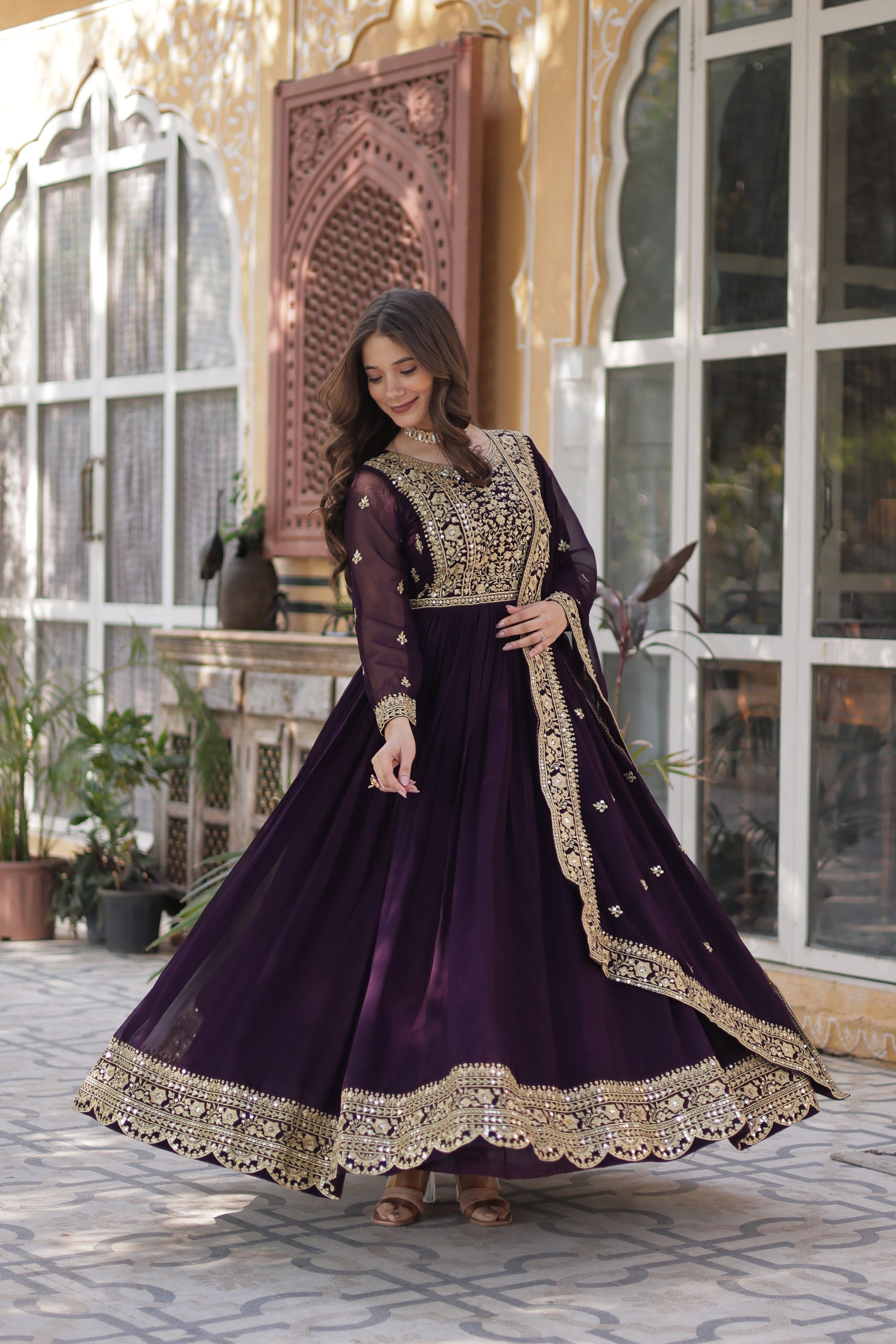 Wine Georgette Festive Anarkali Gown
