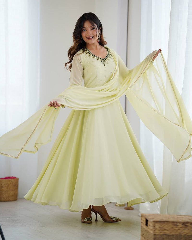 Kumudini Pista Georgette Hand Embellished Three Piece Anarkali Suit With Dupatta For Wedding