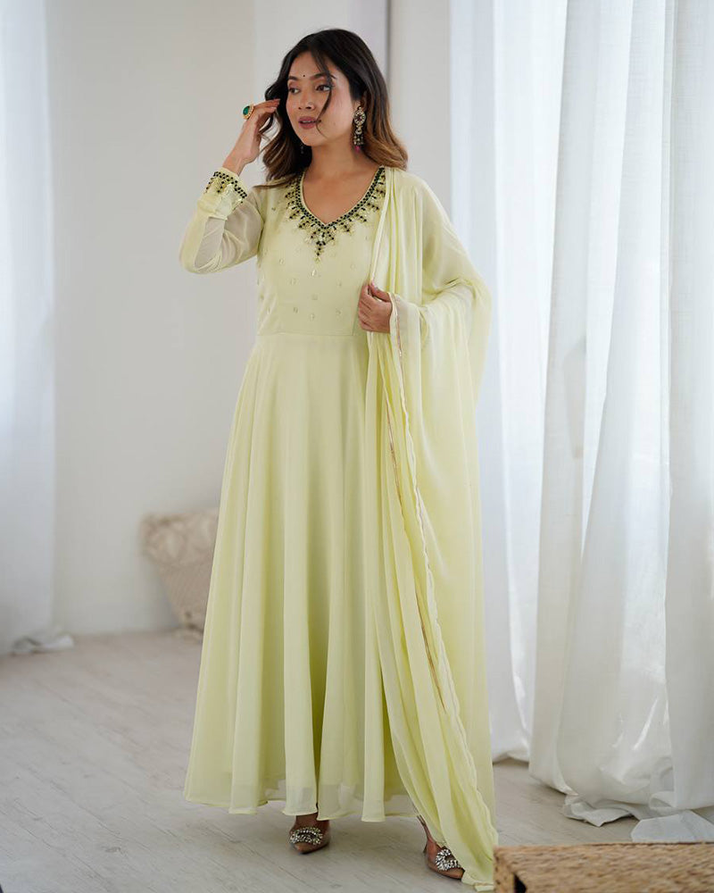 Kumudini Pista Georgette Hand Embellished Three Piece Anarkali Suit With Dupatta For Wedding