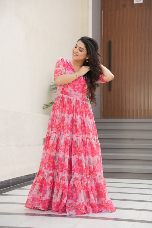 Peach Georgette Printed Dress