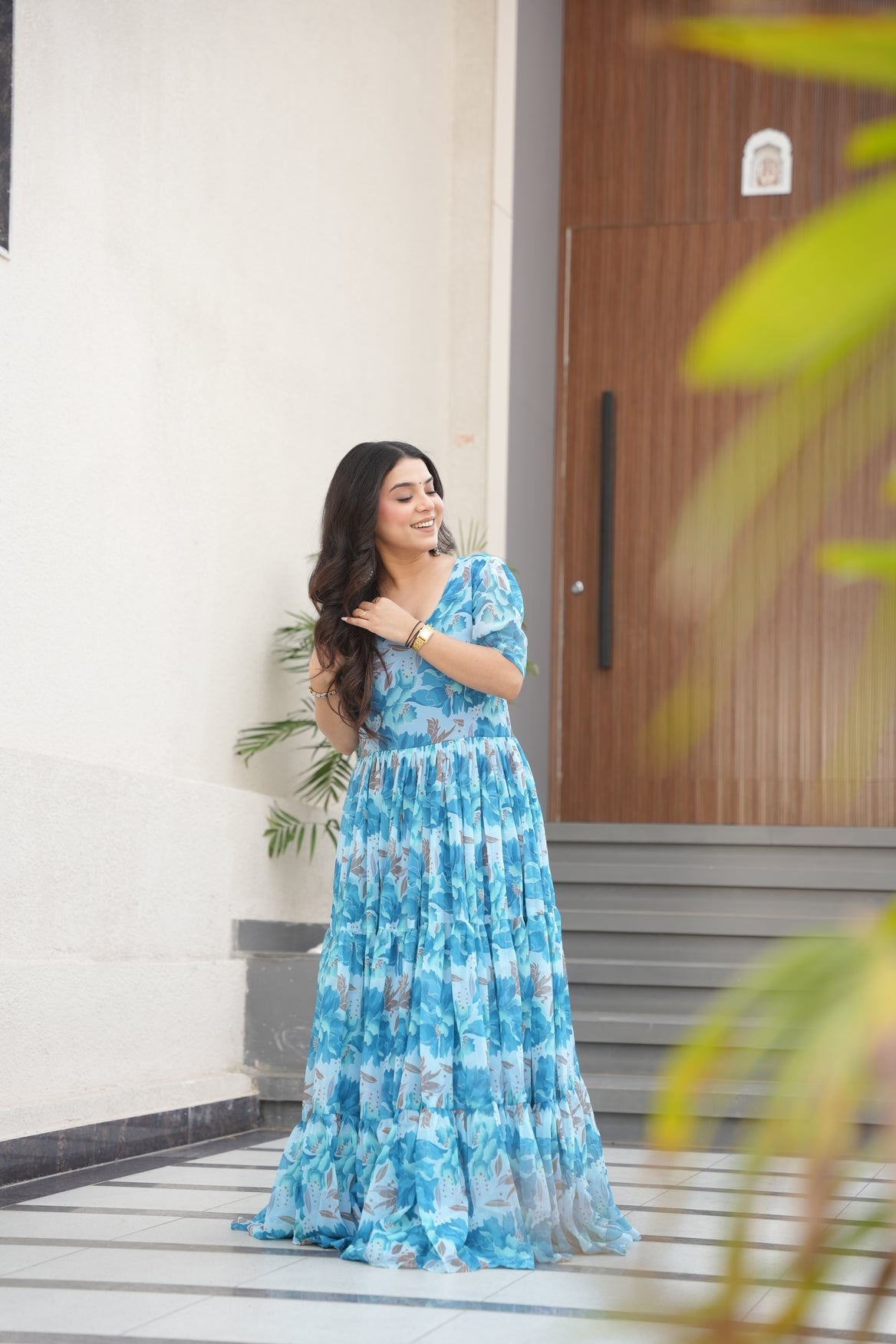 Sky Blue Georgette Printed Dress
