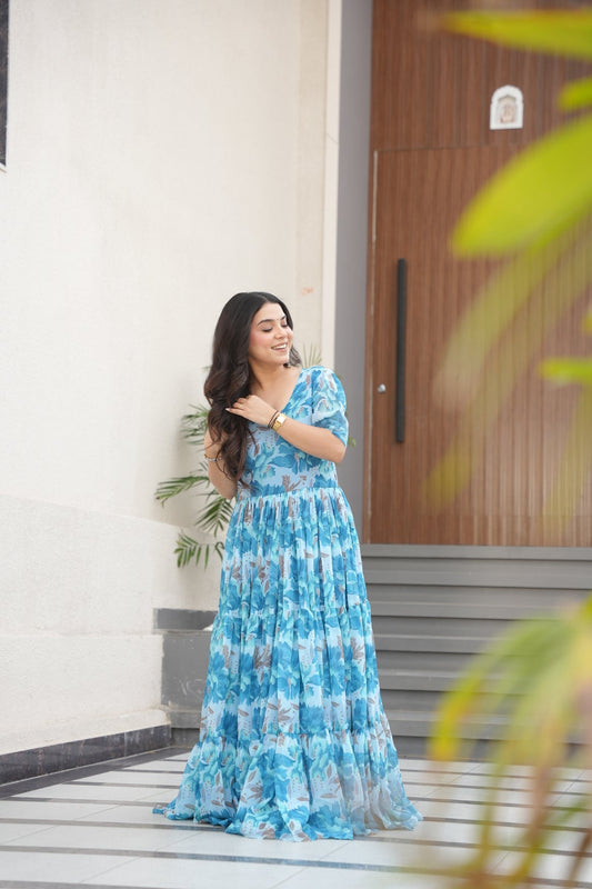 Sky Blue Georgette Printed Dress
