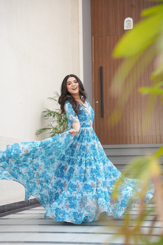 Sky Blue Georgette Printed Dress