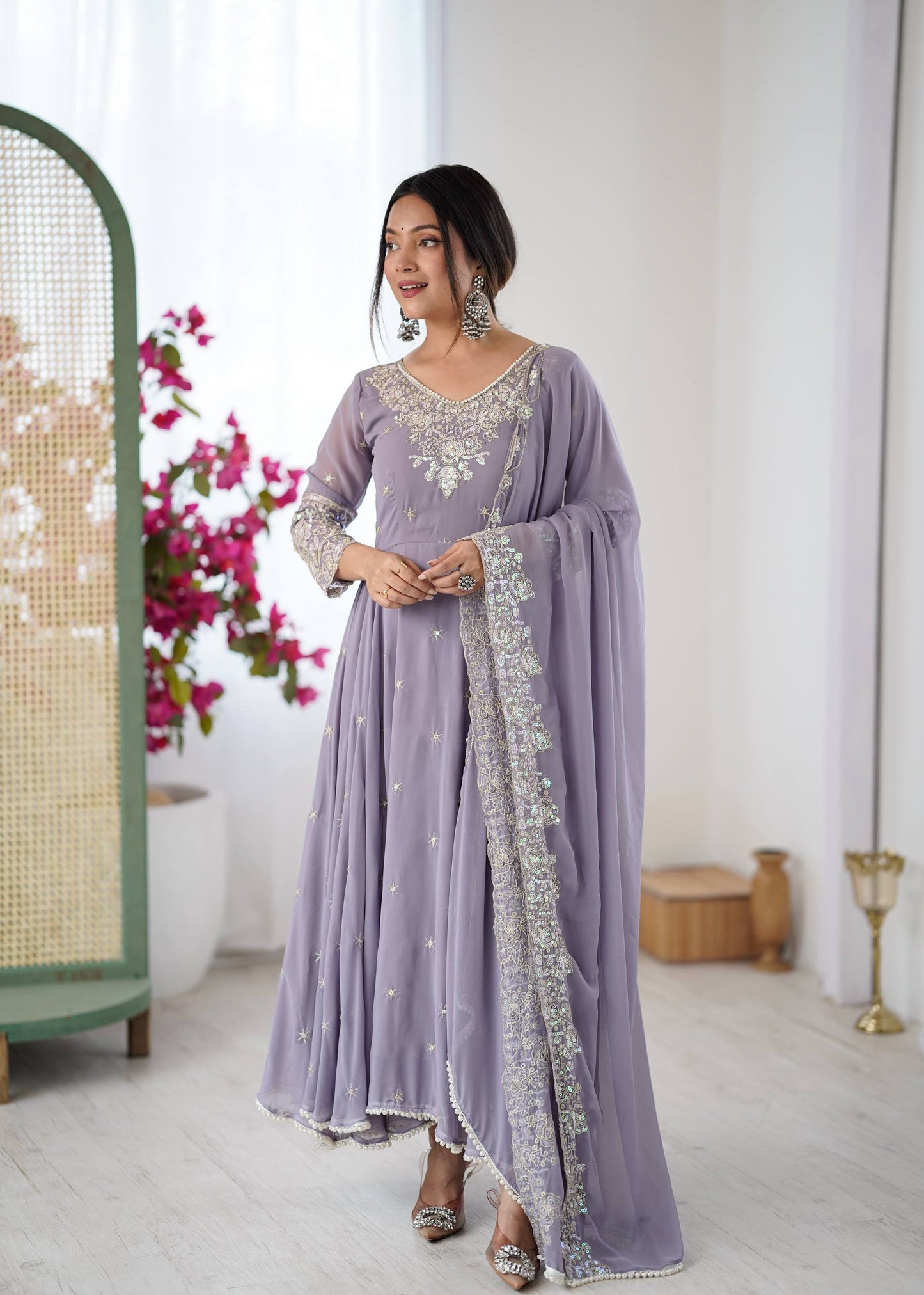 Lavender Georgette Embroidered Anarkali Suit for Wedding