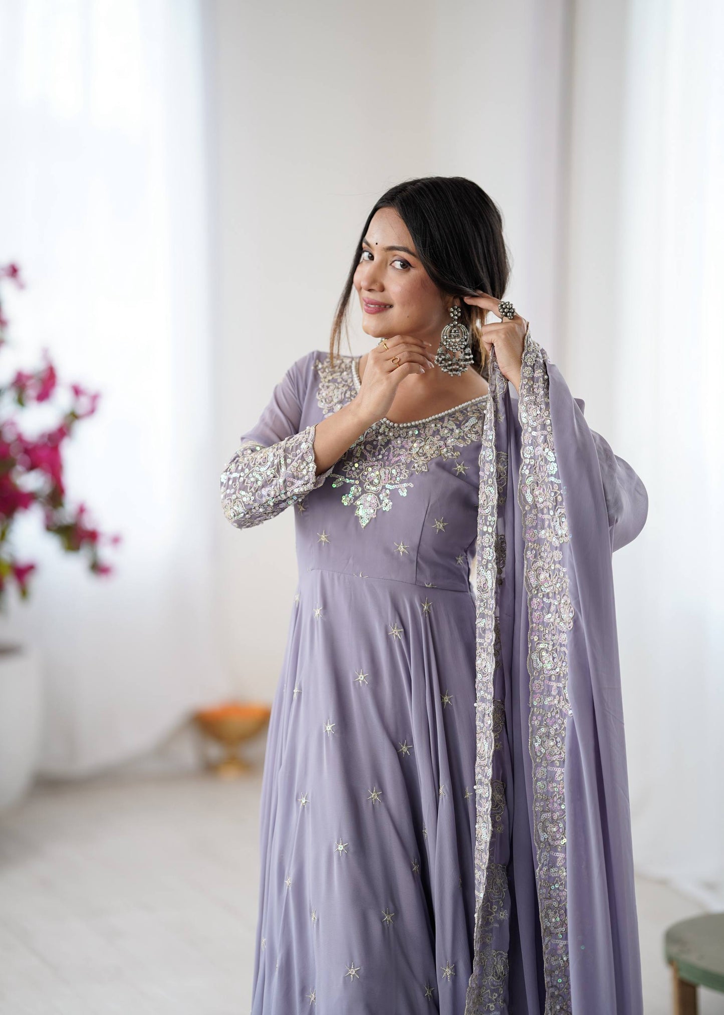 Lavender Georgette Embroidered Anarkali Suit for Wedding