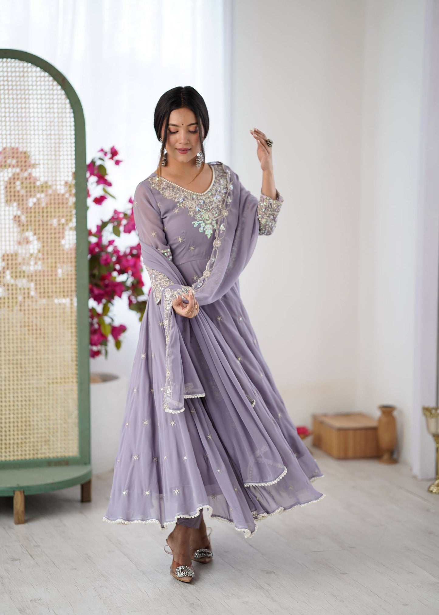Lavender Georgette Embroidered Anarkali Suit for Wedding
