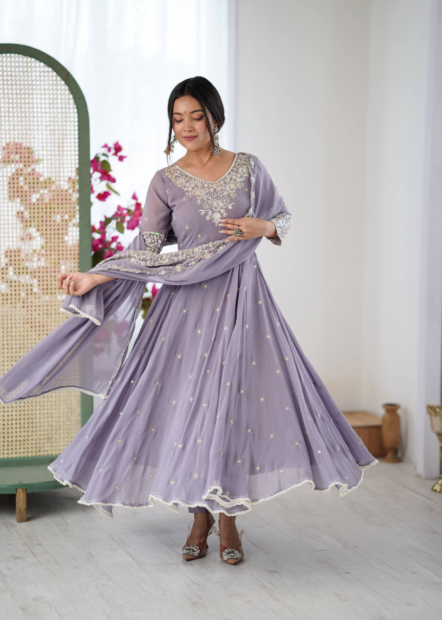 Lavender Georgette Embroidered Anarkali Suit for Wedding