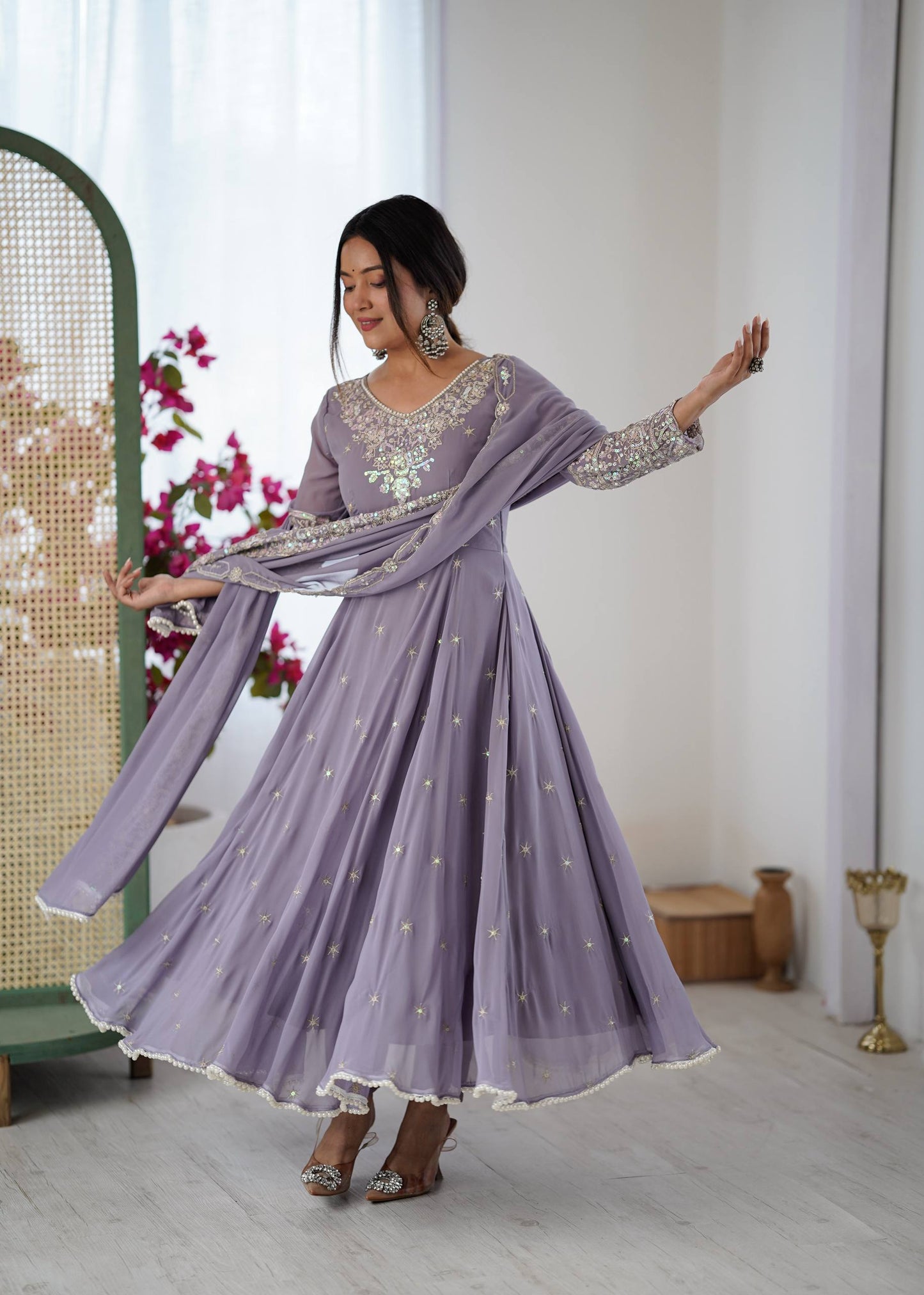 Lavender Georgette Embroidered Anarkali Suit for Wedding