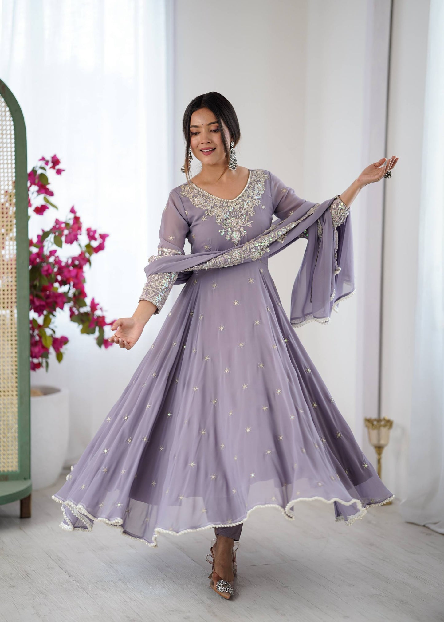 Lavender Georgette Embroidered Anarkali Suit for Wedding