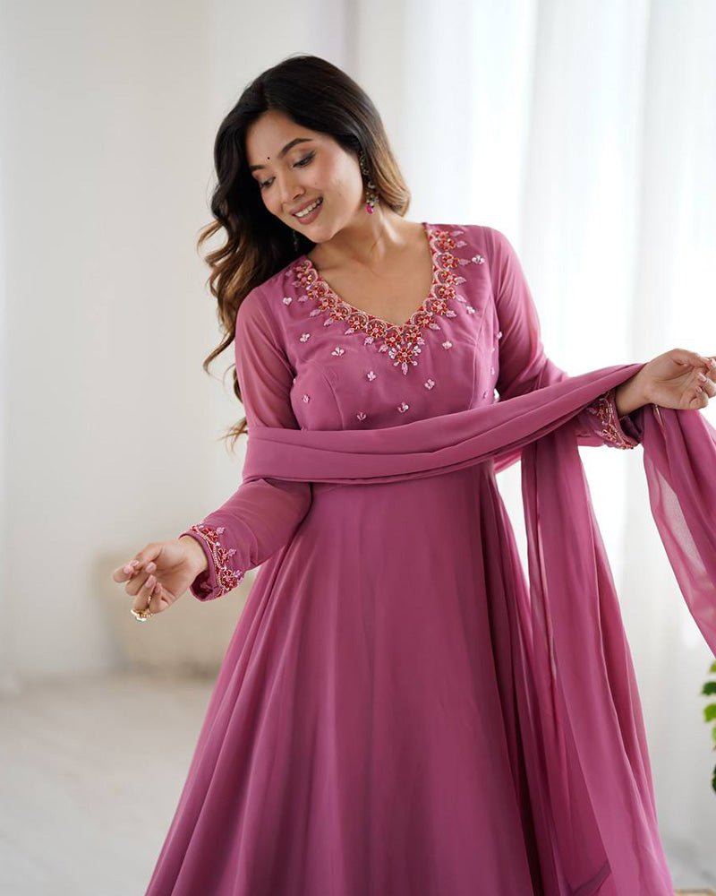 Lavish Loom Dusty Onion Handwork Neck Design Anarkali Suit With Dupatta