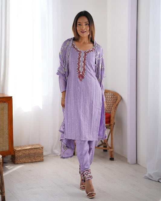 Light Purple Color Chinon Silk Three Piece Salwar Suit