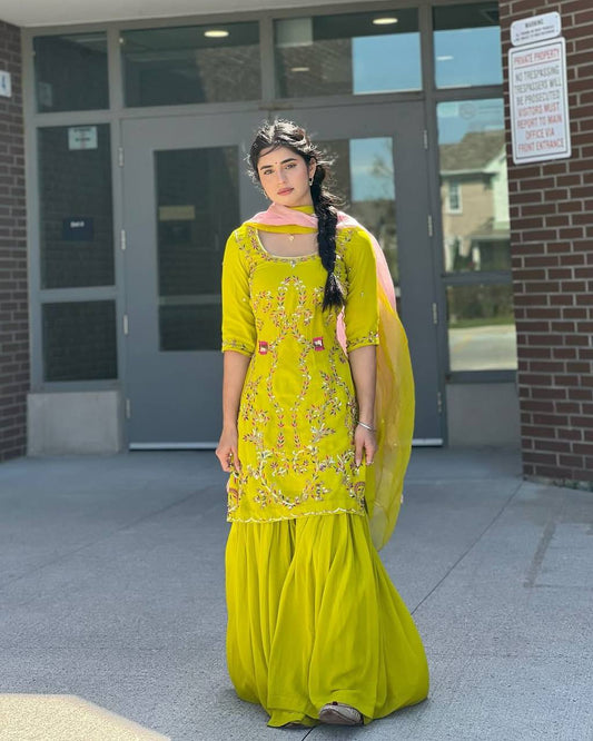 Lime Yellow Embroidered Faux Georgette Sharara Suit with Dupatta