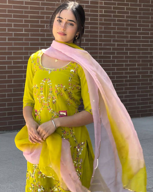 Lime Yellow Embroidered Faux Georgette Sharara Suit with Dupatta
