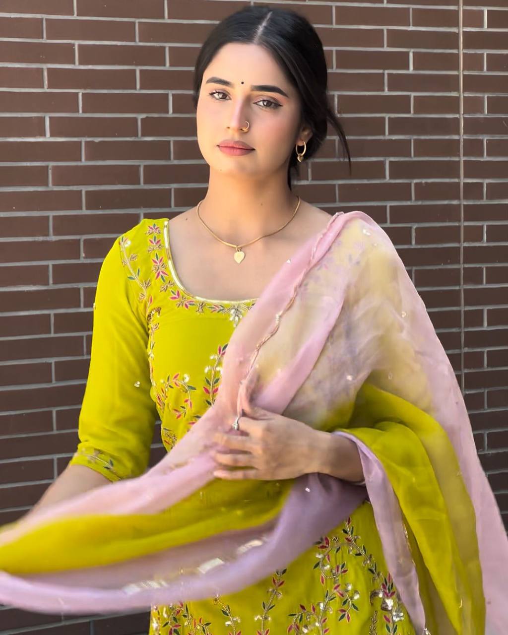 Lime Yellow Embroidered Faux Georgette Sharara Suit with Dupatta