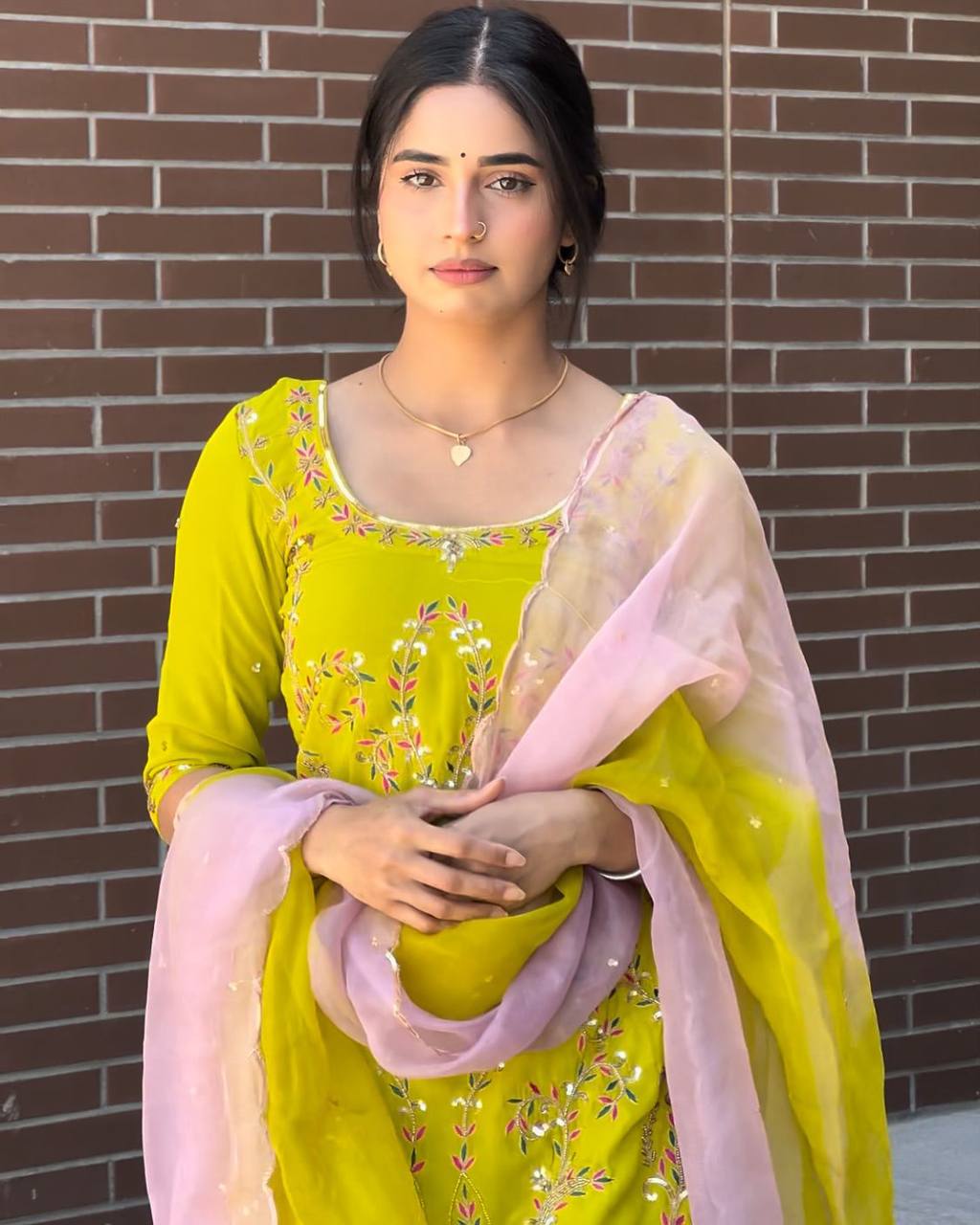 Lime Yellow Embroidered Faux Georgette Sharara Suit with Dupatta