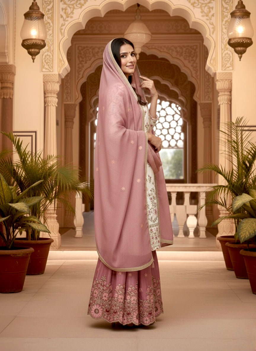 Liyana White Heavy Embroidered Kurta Palazzo Set With Dusty Pink Dupatta