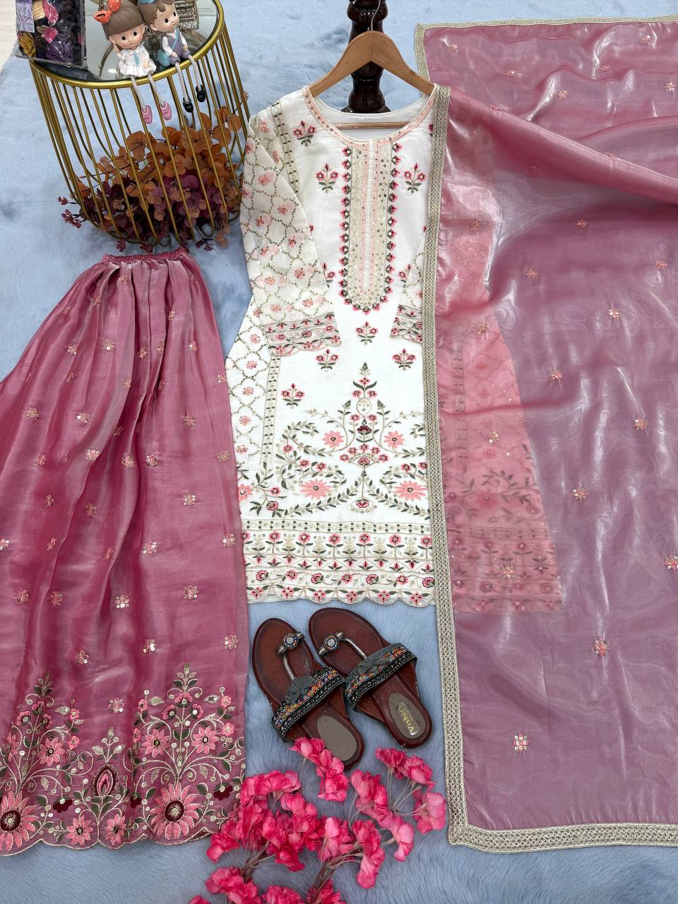 Liyana White Heavy Embroidered Kurta Palazzo Set With Dusty Pink Dupatta