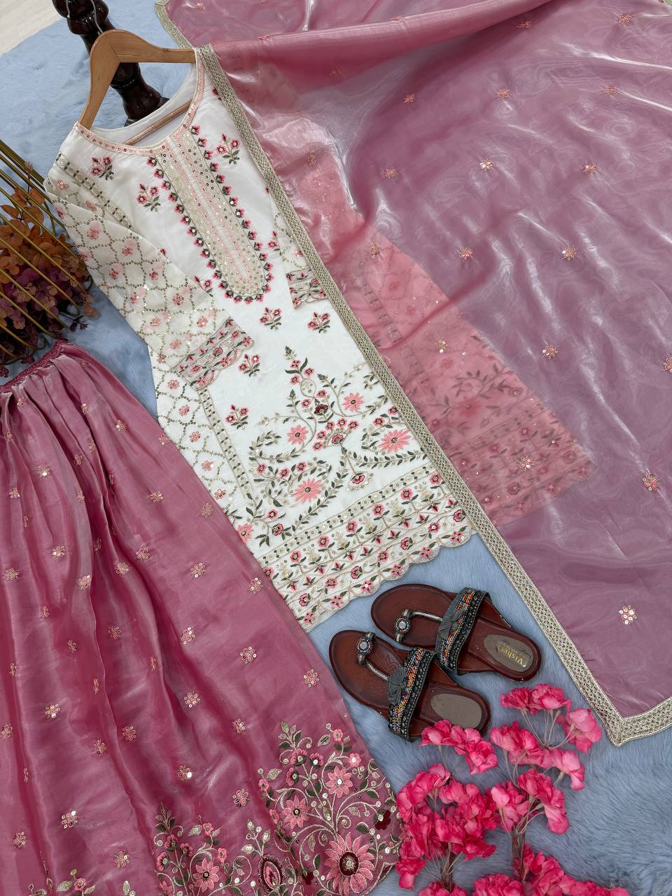 Liyana White Heavy Embroidered Kurta Palazzo Set With Dusty Pink Dupatta