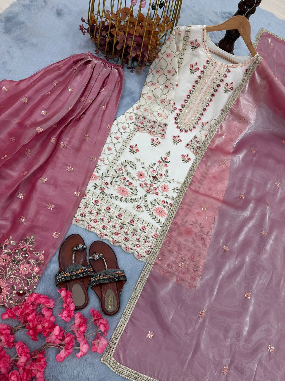 Liyana White Heavy Embroidered Kurta Palazzo Set With Dusty Pink Dupatta