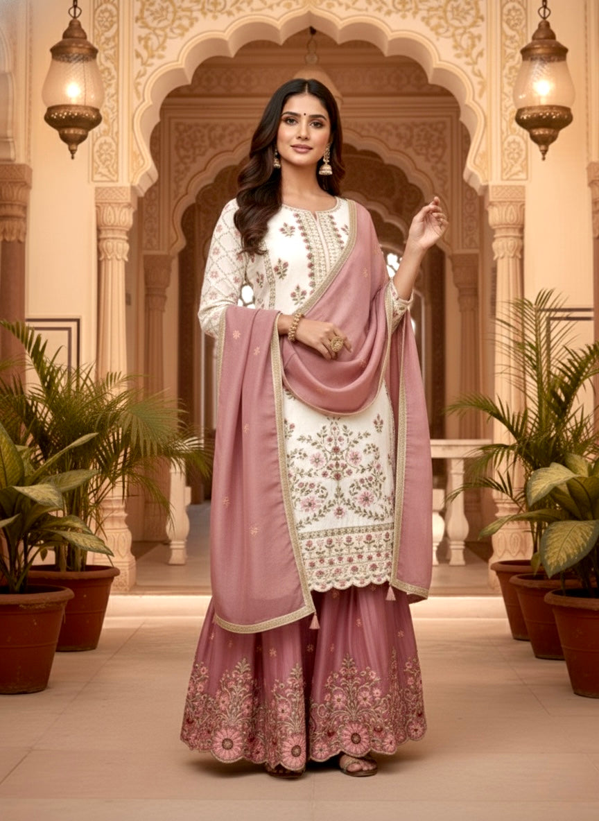Liyana White Heavy Embroidered Kurta Palazzo Set With Dusty Pink Dupatta