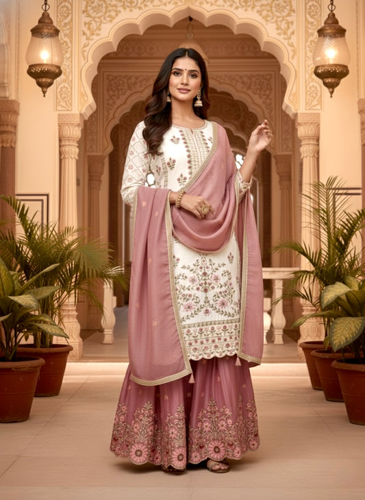 Liyana White Heavy Embroidered Kurta Palazzo Set With Dusty Pink Dupatta
