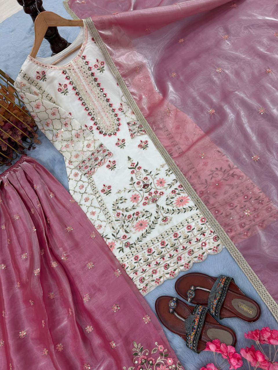 Liyana White Heavy Embroidered Kurta Palazzo Set With Dusty Pink Dupatta
