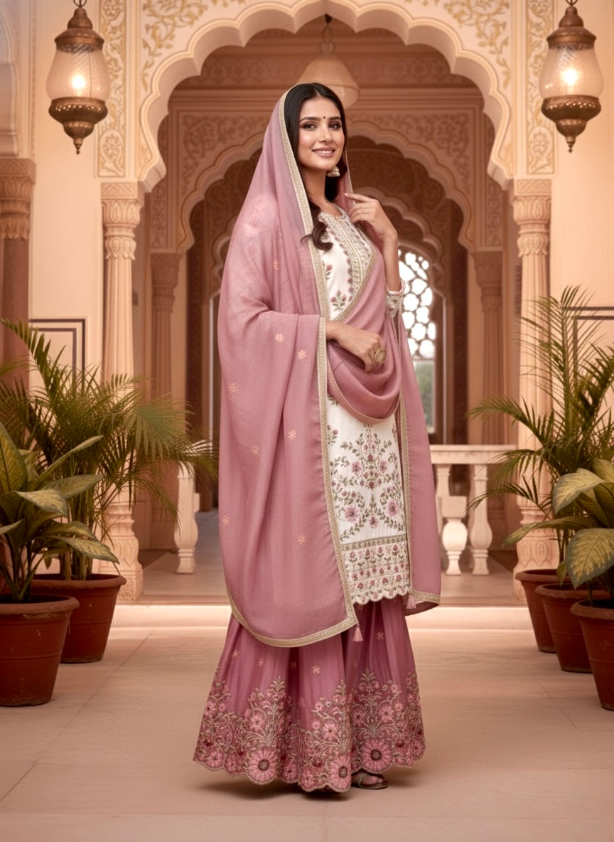 Liyana White Heavy Embroidered Kurta Palazzo Set With Dusty Pink Dupatta