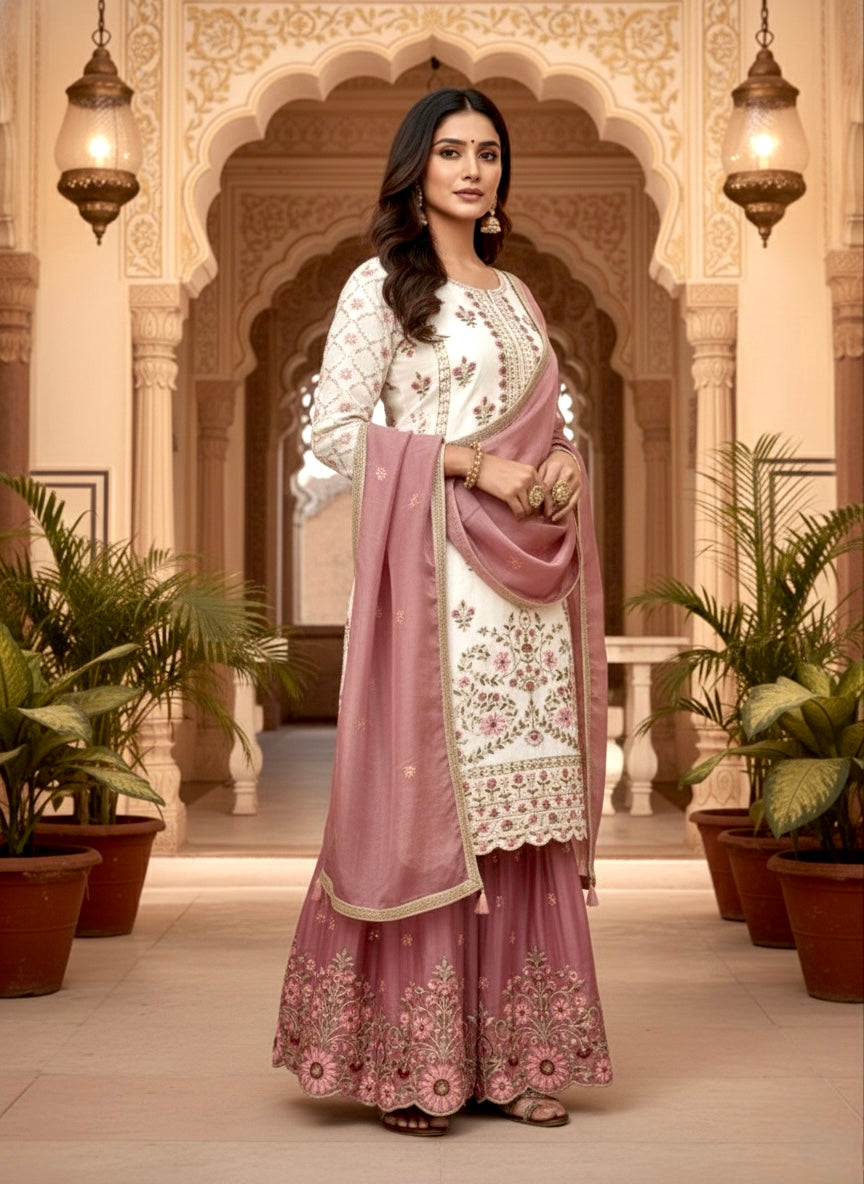 Liyana White Heavy Embroidered Kurta Palazzo Set With Dusty Pink Dupatta