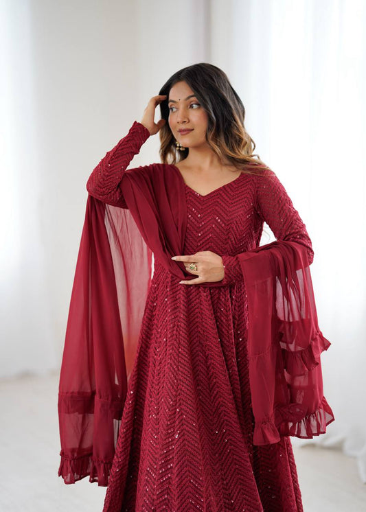 Maroon Color Georgette Lucknowi Three Piece Anarkali Suit