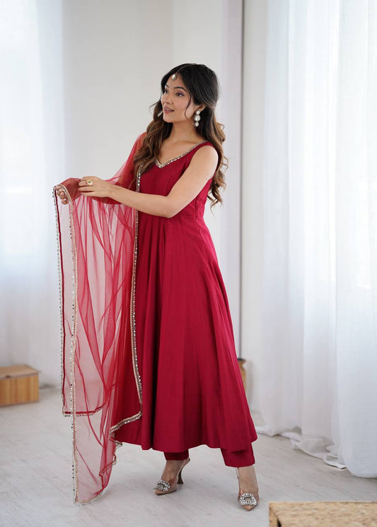 Maroon Designer Roman Silk Chanderi Anarkali Set with Dupatta