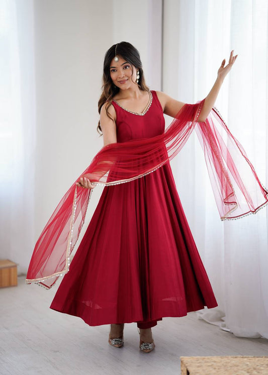 Maroon Designer Roman Silk Chanderi Anarkali Set with Dupatta