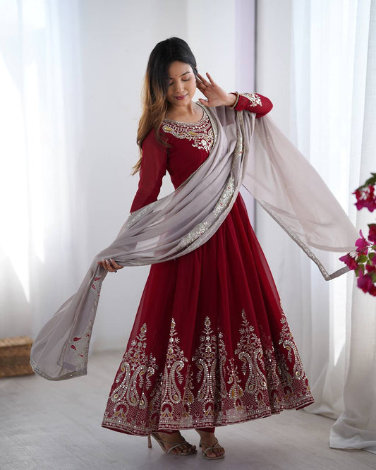 Maroon Embroidered Anarkali Suit with Dupatta for Diwali