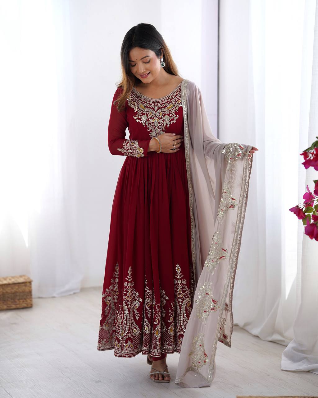 Maroon Embroidered Anarkali Suit with Dupatta for Diwali