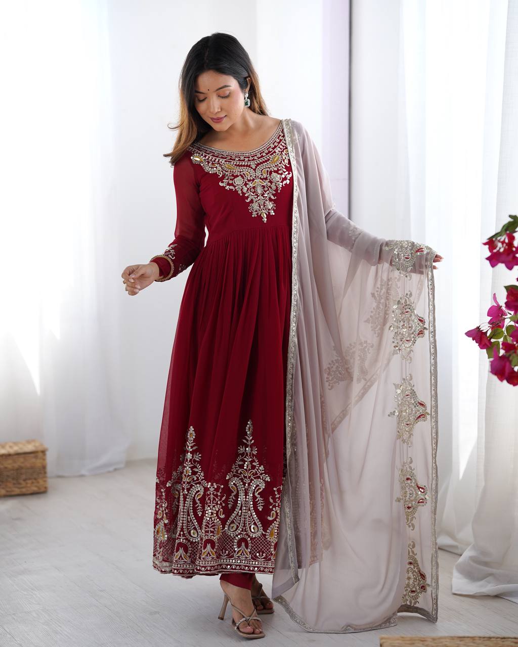 Maroon Embroidered Anarkali Suit with Dupatta for Diwali