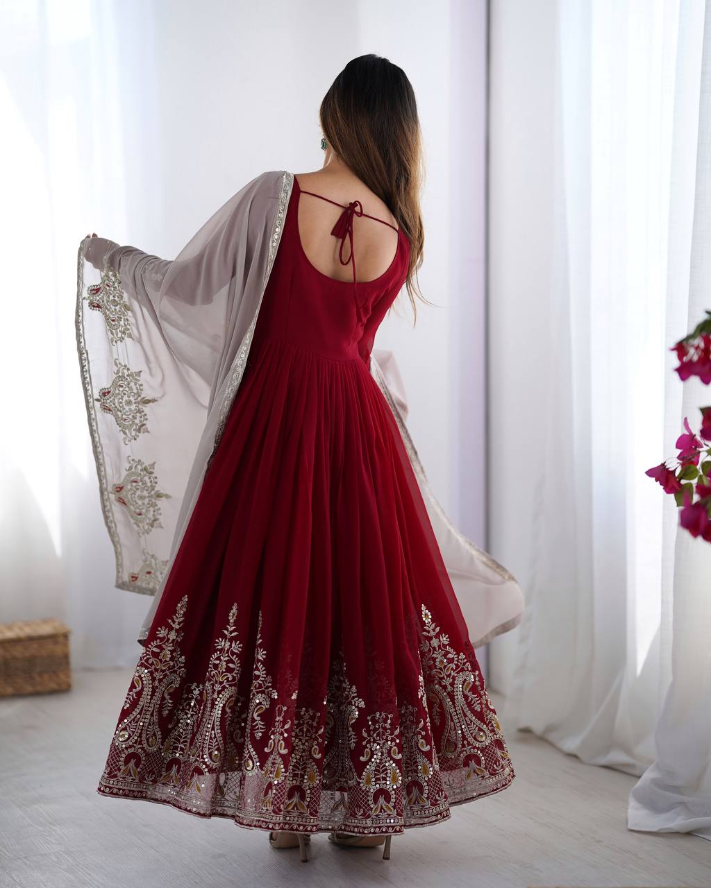 Maroon Embroidered Anarkali Suit with Dupatta for Diwali