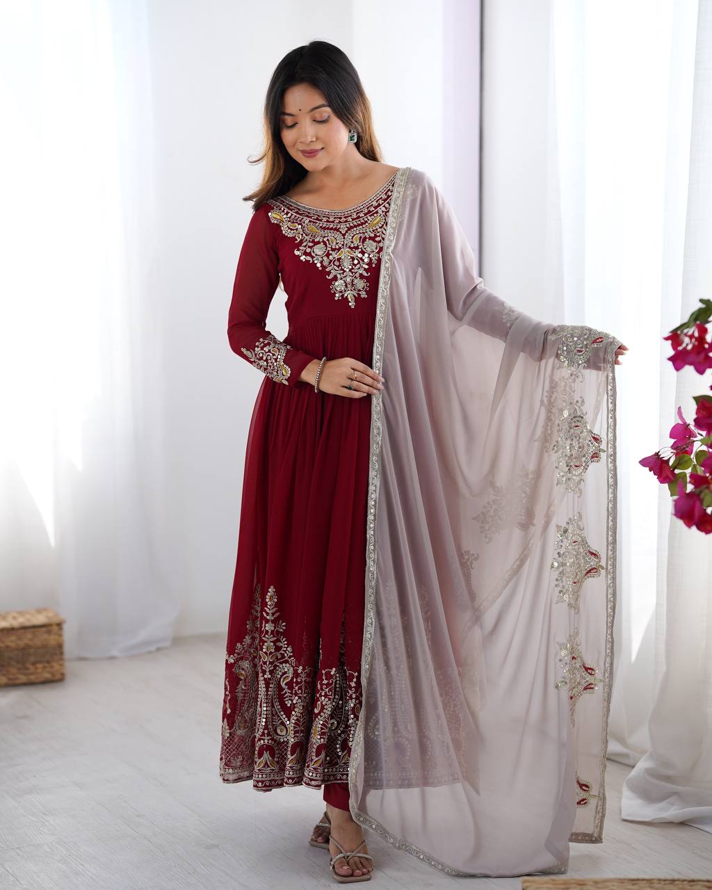Maroon Embroidered Anarkali Suit with Dupatta for Diwali