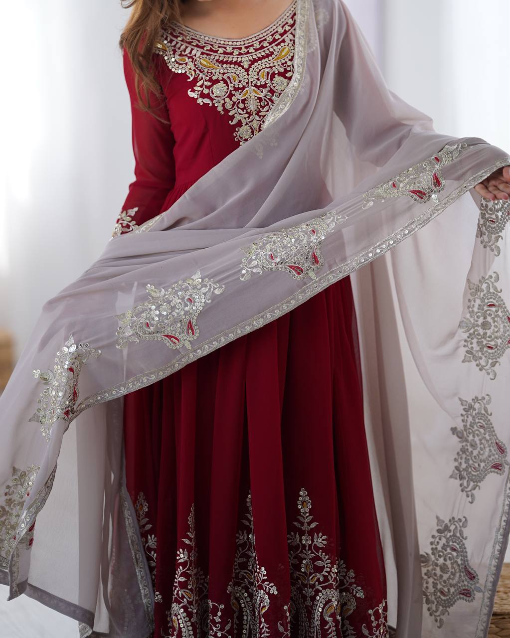 Maroon Embroidered Anarkali Suit with Dupatta for Diwali