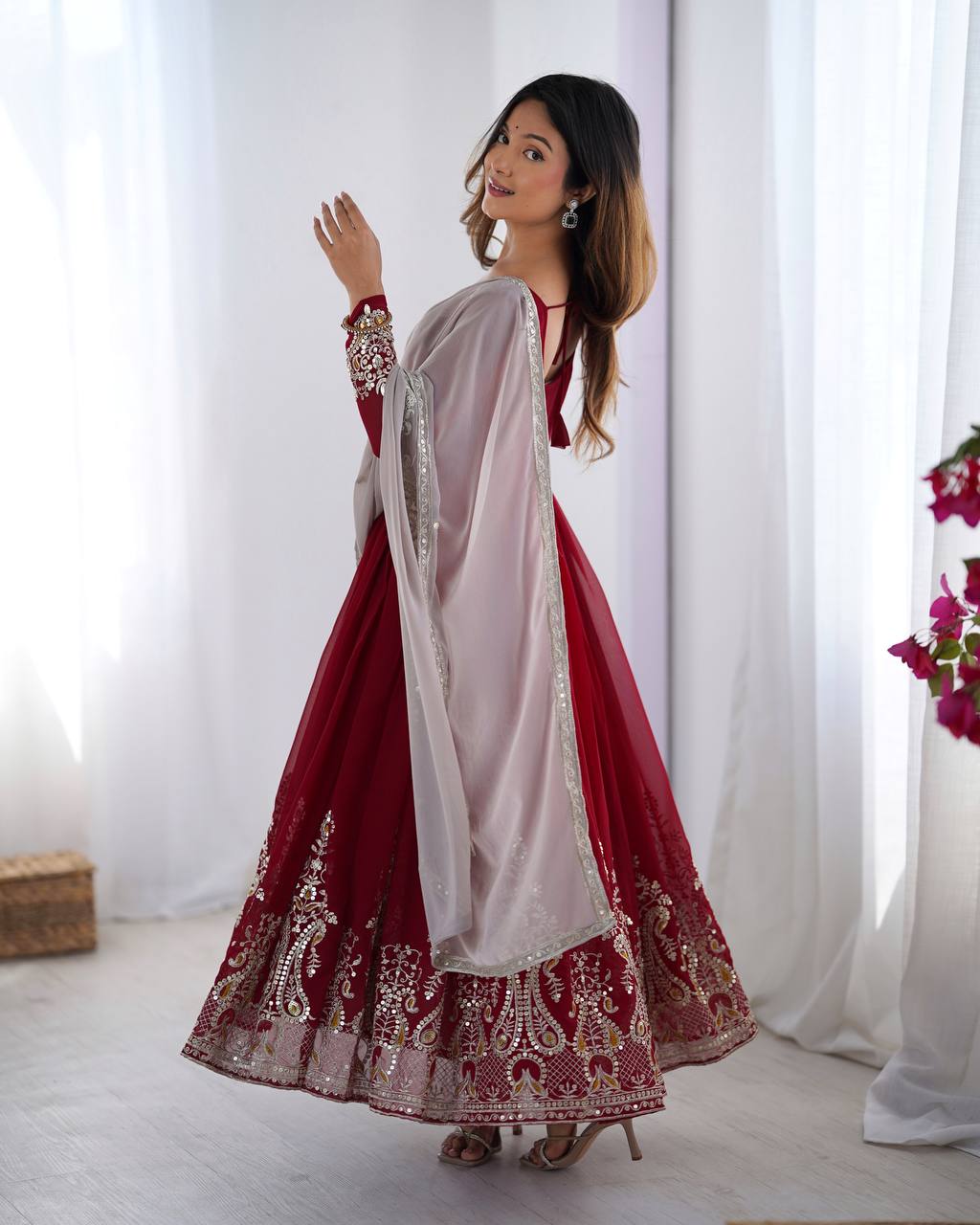 Maroon Embroidered Anarkali Suit with Dupatta for Diwali
