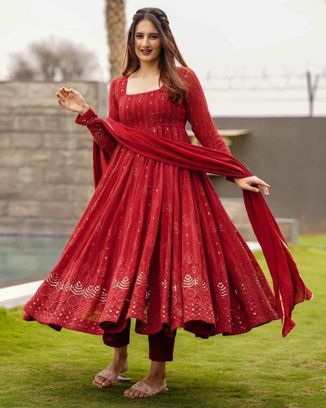 Maroon Embroidered Georgette Anarkali Suit Set