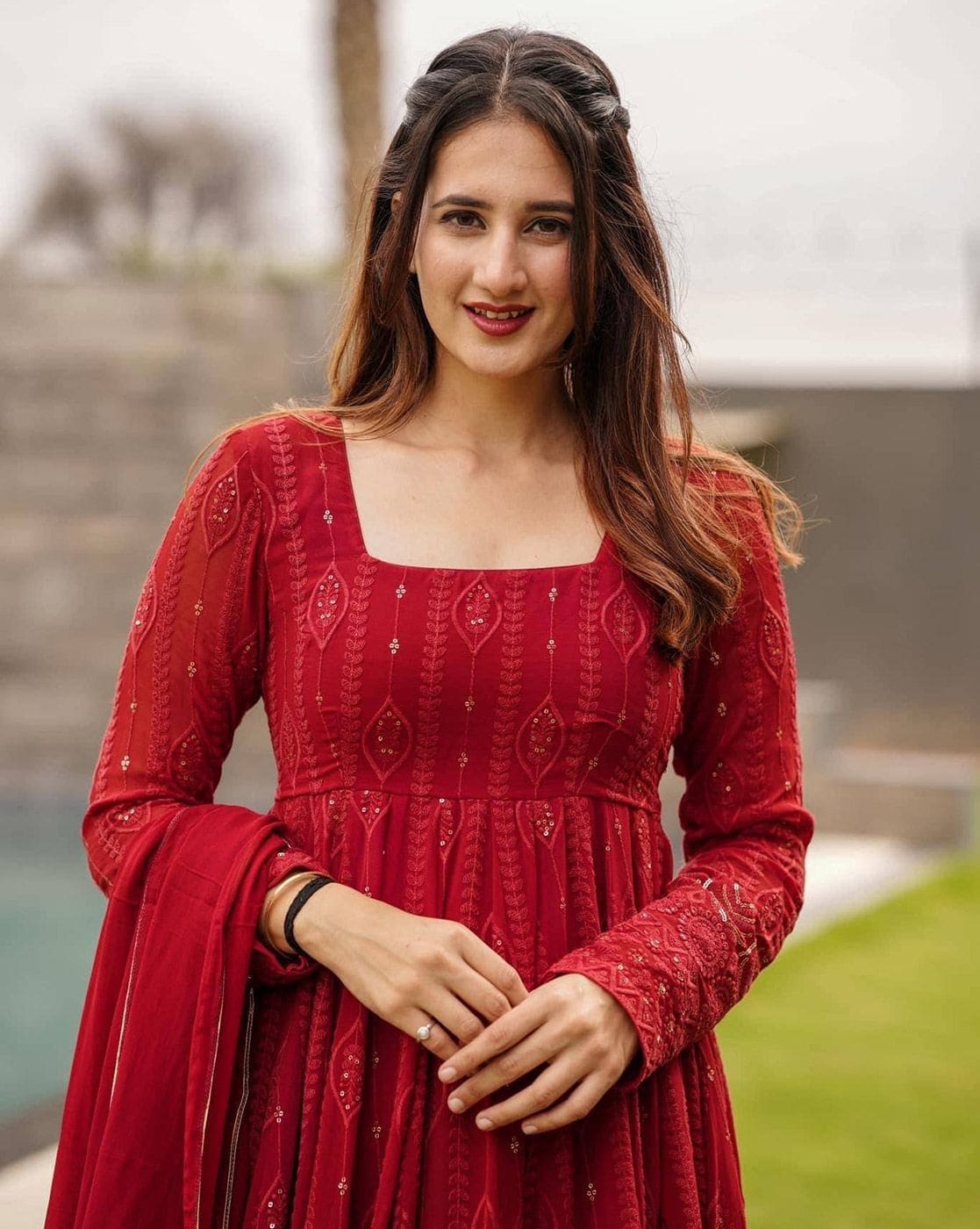 Maroon Embroidered Georgette Anarkali Suit Set