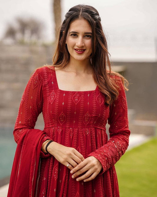 Maroon Embroidered Georgette Anarkali Suit Set