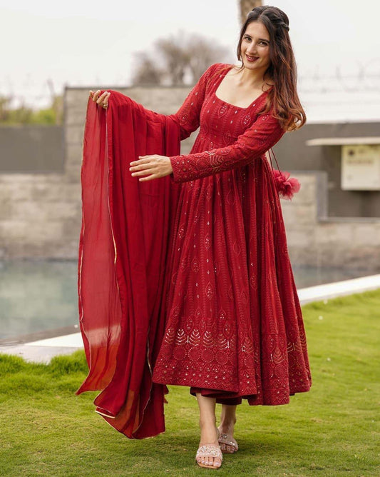 Maroon Embroidered Georgette Anarkali Suit Set