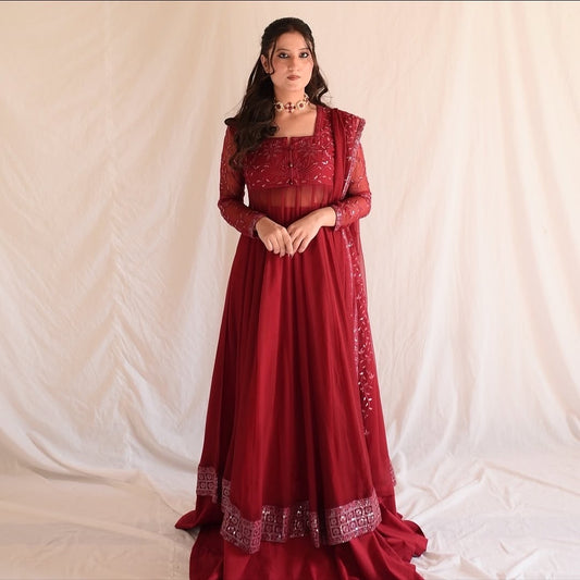 Maroon Faux Blooming Anarkali Suit Set with Heavy Sequins & Zari Embroidery Work For Festive Wear