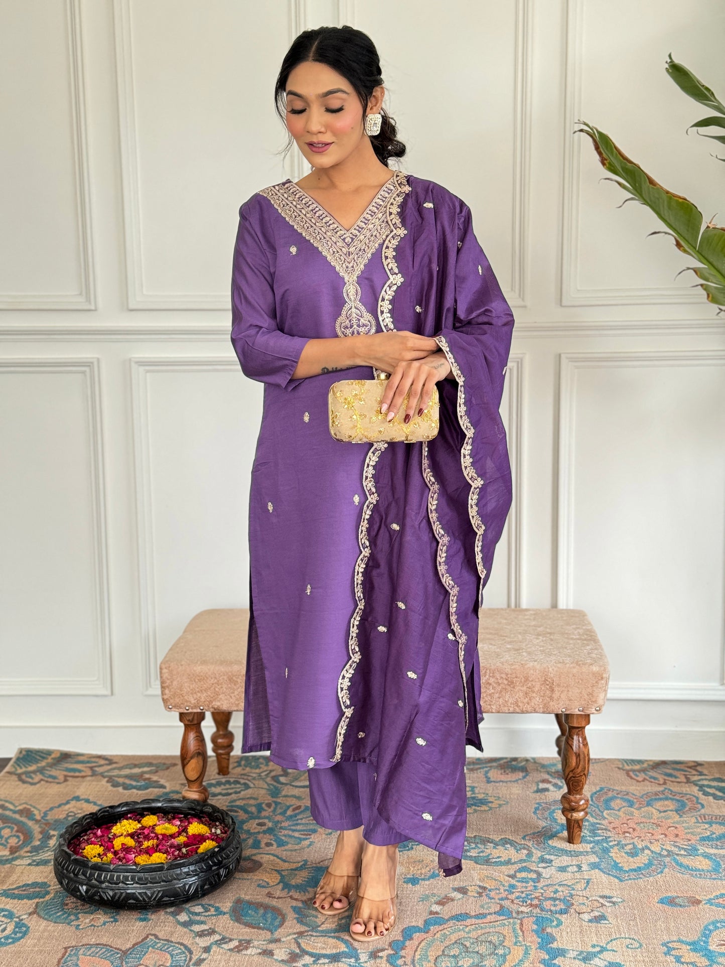 Mauve Silk Blend Straight Suit Sets With Dupatta