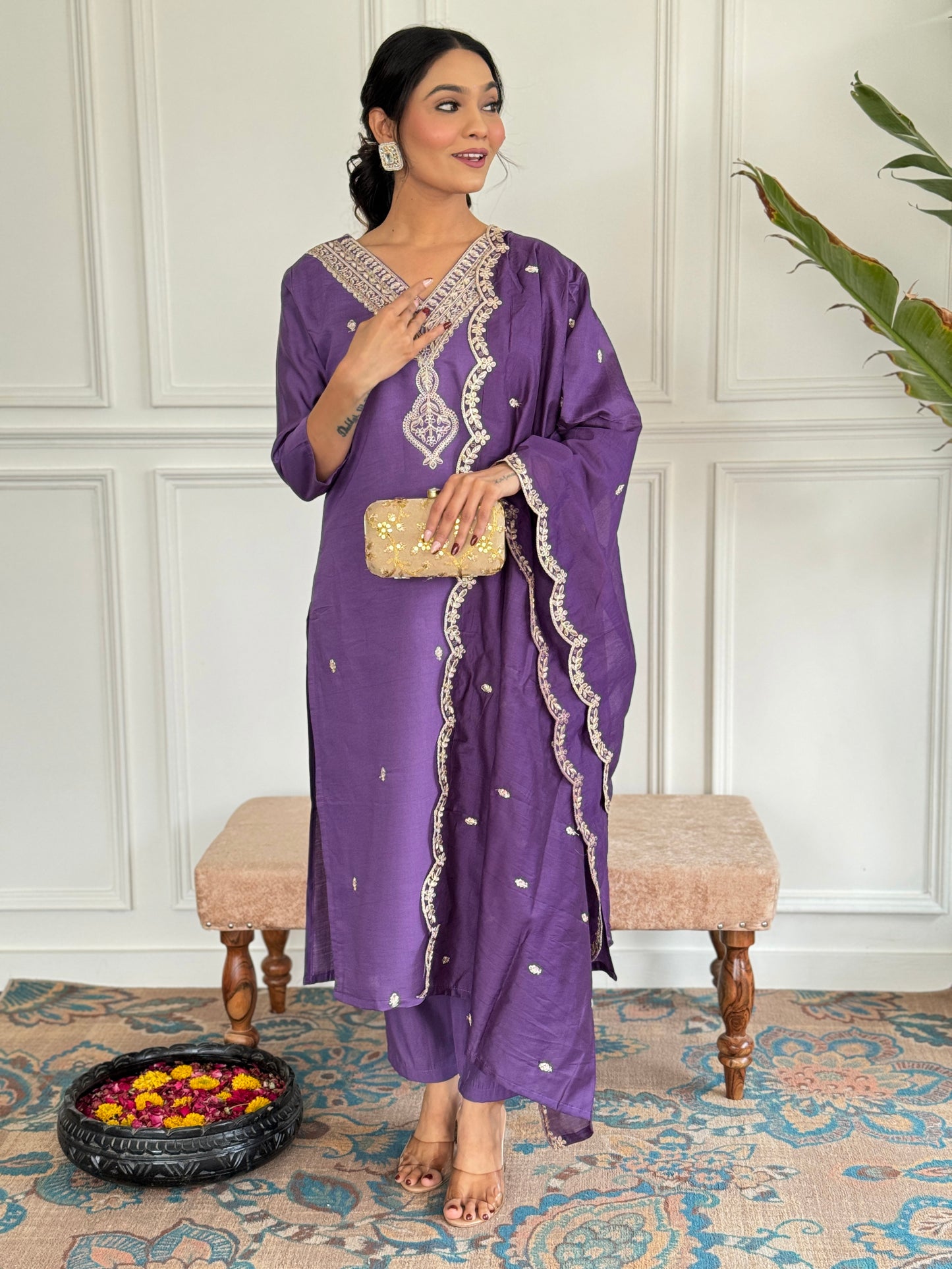 Mauve Silk Blend Straight Suit Sets With Dupatta