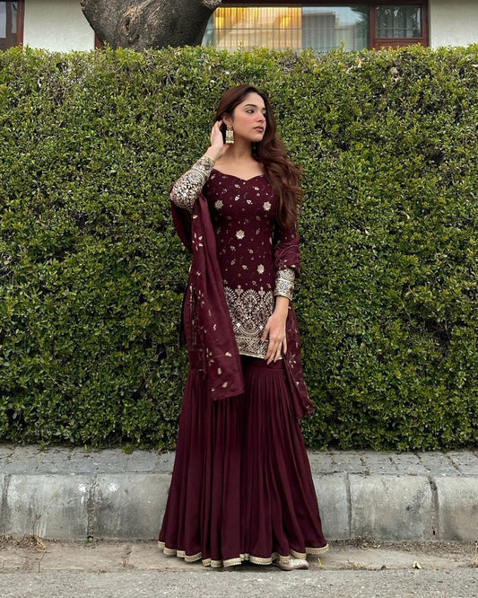 Mesmerizing Embroidery Sequence Work Wine Color Sharara Suit