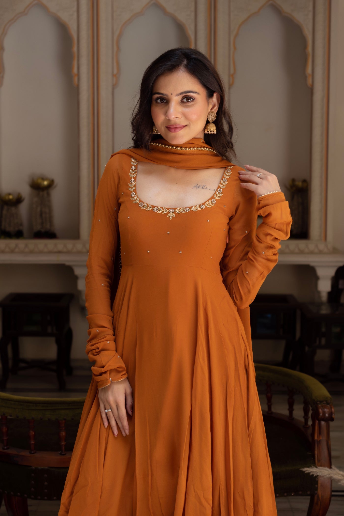 Mihika Rust Orange Georgette Anarkali Dress for Festive Season